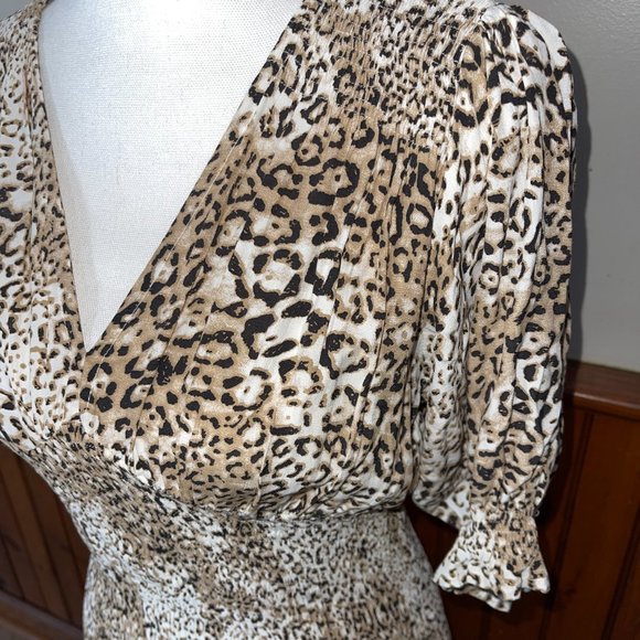 Women's Faithfull the Brand Leopard Smocked Margherita Dress Size 4‎ - Picture 3 of 9